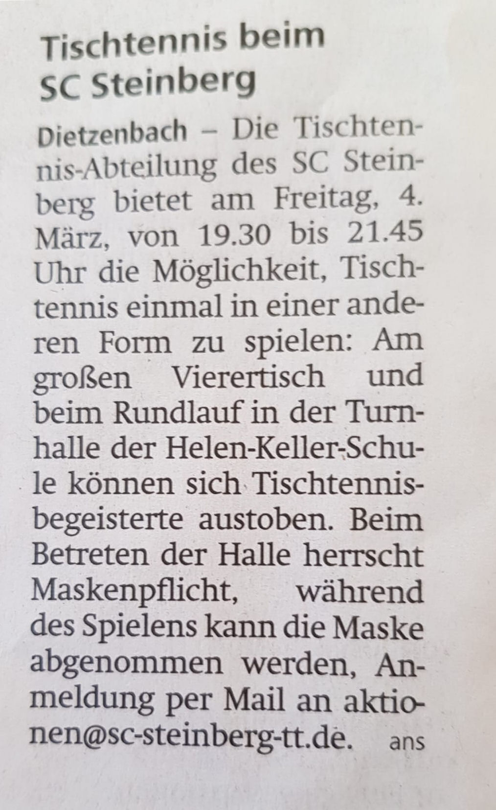 Pressebericht Tischtennis beim SC Steinberg