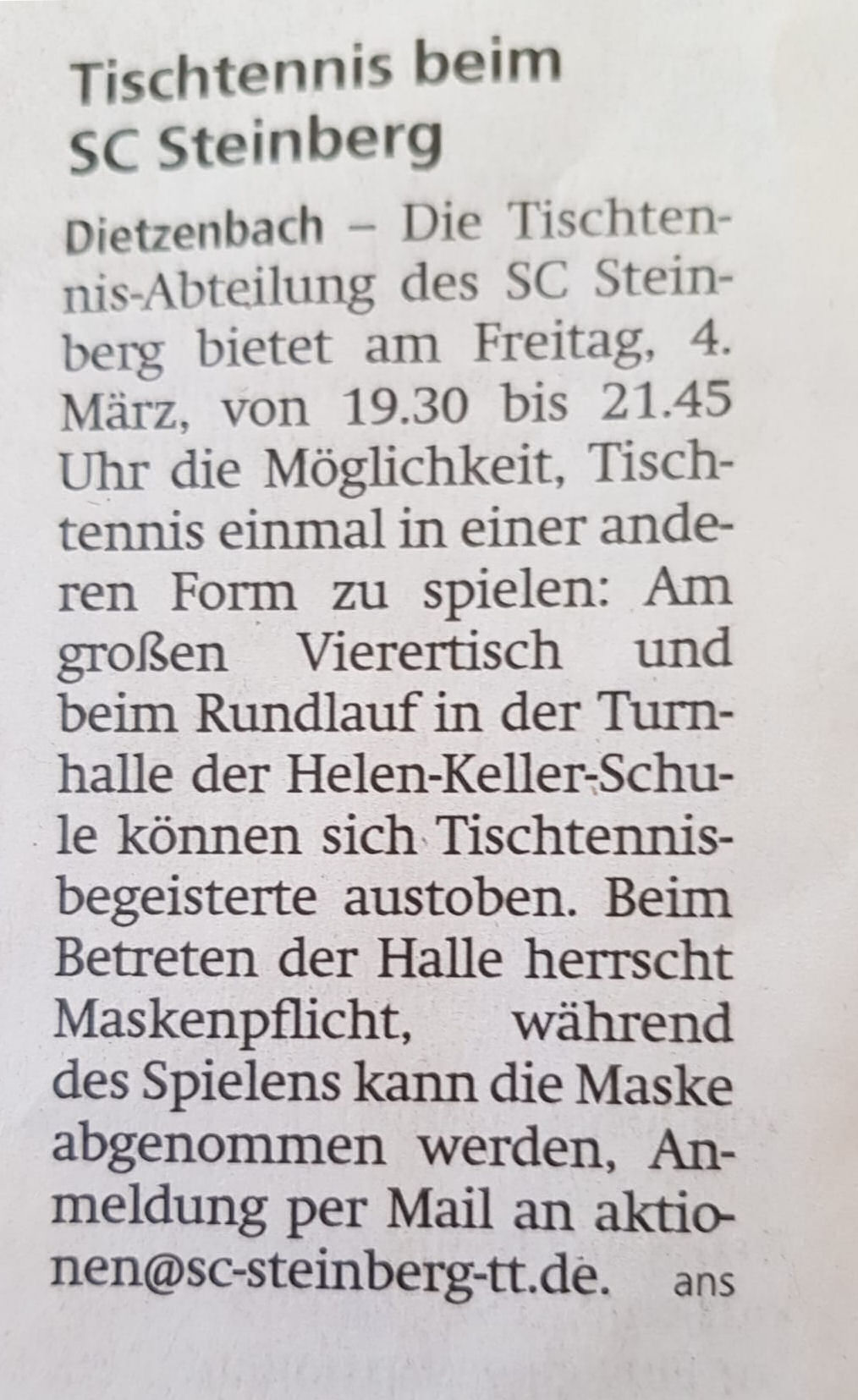Pressebericht Tischtennis beim SC Steinberg Pressebericht Tischtennis beim SC Steinberg